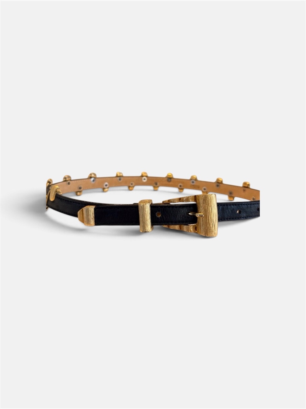 Leatherrock Vintage Black Leather Skinny Belt Gold Sculptural‎ Hardware